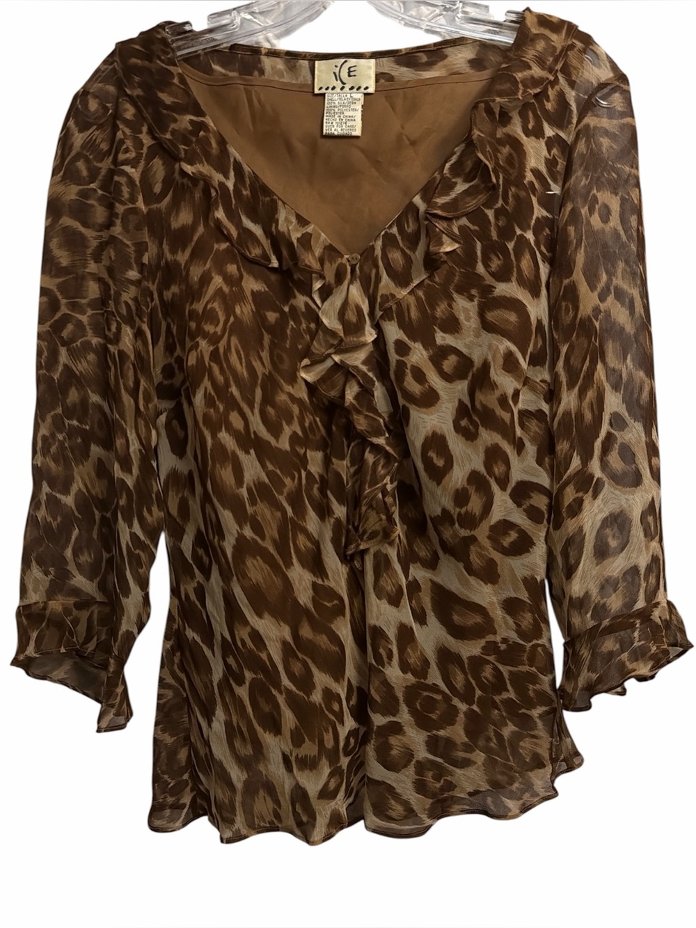 Ice Brown Leopard Print Ruffle V-Neck Blouse